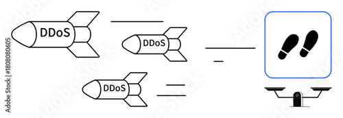 Multiple missiles labeled DDoS aimed at a footprint icon next to a server and scale symbol. Ideal for cybersecurity, network protection, technology risks, hacking, online threats, data breaches