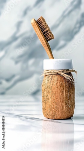 A natural bamboo toothbrush stands upright in a holder made from a whole coconut, tied with twine, set against a marble background.