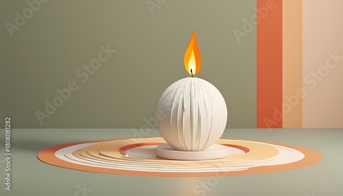 A modern studio shot of a sculptural candle, its flame dancing in a peaceful, abstract arrangement, creating a sense of serenity and warmth.