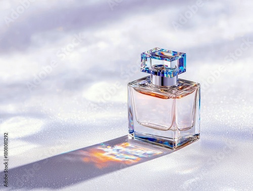 A clear glass perfume bottle with a faceted crystal cap sits on a sparkling surface, casting a colorful shadow.