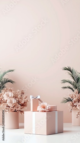 A still life composition featuring stacked pink gift boxes adorned with ribbons and flowers, flanked by vases of roses and palm fronds.