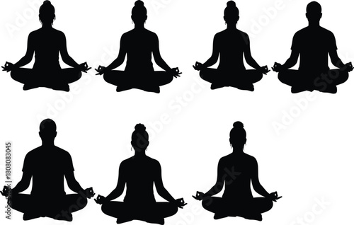 Silhouettes of men and women meditating in lotus yoga pose, peaceful mindfulness practice, relaxation, spiritual balance, calm meditation posture illustration