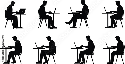 Silhouettes of men sitting at tables using laptop computers, working remotely, freelance office tasks, digital workspace, modern technology communication illustration