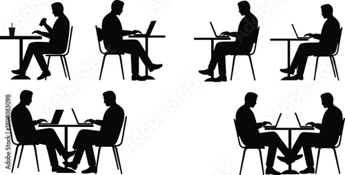 Silhouettes of men working on laptops in a café environment, business meeting, remote work, freelance communication, digital workspace, coworking discussion illustration