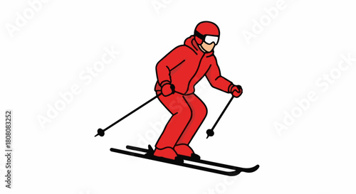 Active skier in red suit skiing down a snowy slope with poles