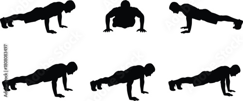 Silhouette push up exercise variations, bodyweight fitness training, gym workout routine demonstration, athletic strength activity, core conditioning illustration, healthy exercise posture