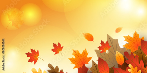 Beautiful autumn leaves background with bokeh light effect and gradient color scheme, ideal for seasonal posters, invitations, fall-themed promotions, and decorative digital artwork design.