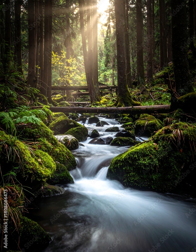 Obraz premium Sunlit flowing stream through a mossy forest
