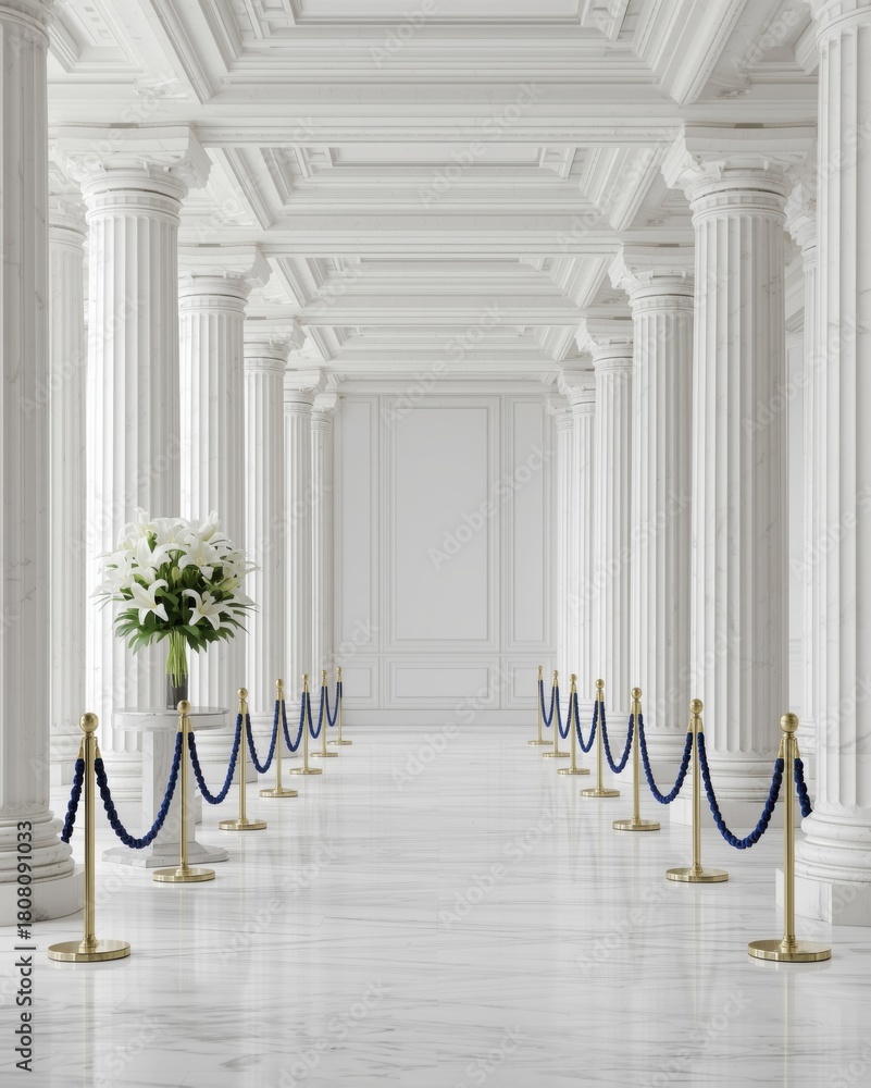 Obraz premium Elegant white marble corridor with columns, flowers, and velvet ropes creating a grand entrance