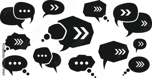 Set of black speech bubbles with ellipses and double arrows, chat and forward action, isolated on white background
