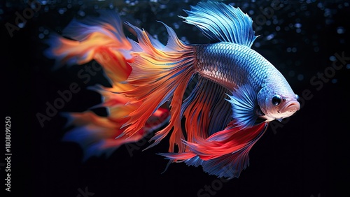 Betta fish (Siamese fighting fish) gliding in clear freshwater aquarium amid lush green plants and dark rocks, showing vivid blue body and flowing red fins, serene and detailed