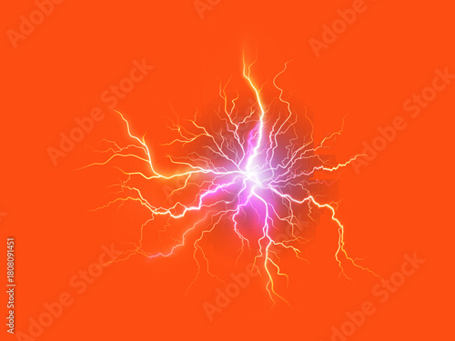 Realistic lightning bolt with bright flare electric sparks on dark stormy sky featuring blue glowing flash powerful natural energy strike dramatic electric atmosphere