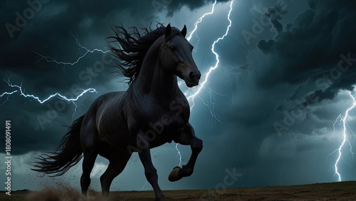 Black equine running with speed, kicking up dust and dirt from the ground, against a dramatic dark sky with bright, illuminating lightning bolts and stormy clouds during a tempest