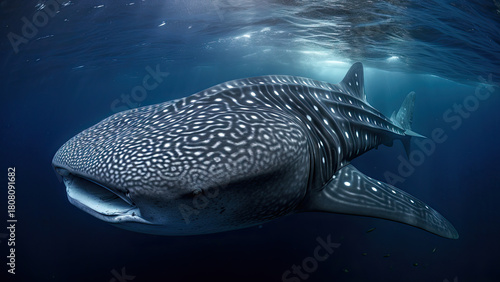 Whale shark swimming gracefully in deep blue ocean water, showing its distinctive spotted pattern and wide mouth while filtering feed near the sunlit surface