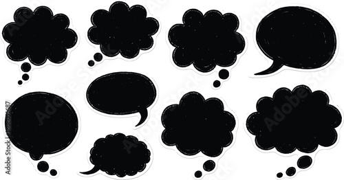 Black textured speech and thought bubbles with grunge effect, communication, isolated on white