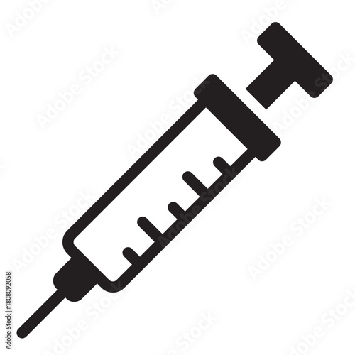 Syringe glyph icon. Injects or extracts fluid. Used in vaccines and treatment