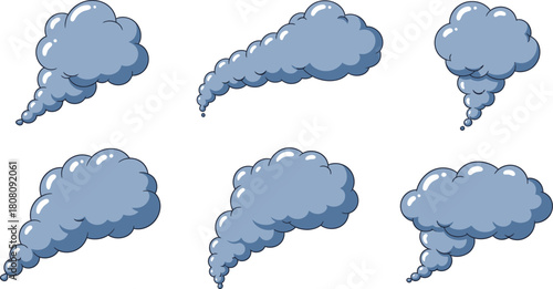 Set of cartoon grey smoke or steam clouds in various shapes and directions, vapor elements