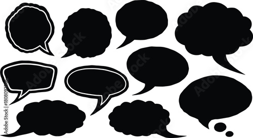 Black speech bubbles and chat boxes with various shapes and outlines, isolated on white background