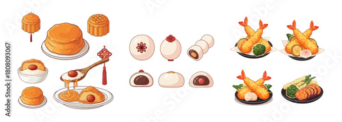 Cartoon Illustration of Asian Festival Foods: Mooncake, Nian Gao, Tangyuan, and Tempura