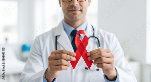 Médico Médica segurando fita vermelha com expressão de confiança e fundo desfocado sobre Dezembro Vermelho