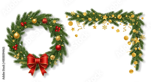 Festive Christmas wreath and garland with ornaments and ribbons, ideal for holiday decorations