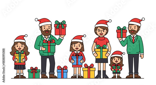 Christmas Family with Gifts Flat Design Illustration in Santa Hats