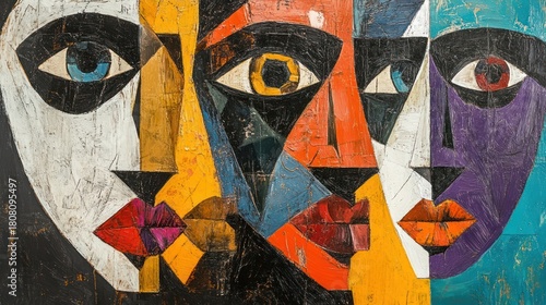 Abstract cubist faces, colorful collage, art gallery, modern painting © Almahyra