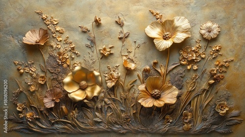 Golden floral relief wall art, textured background, home decor