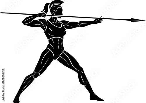 Strong female warrior launching a spear, rendered in black silhouette
