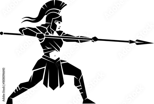 Strong female warrior launching a spear, rendered in black silhouette
