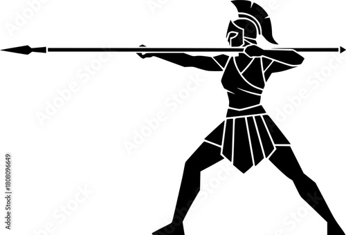 Strong female warrior launching a spear, rendered in black silhouette
