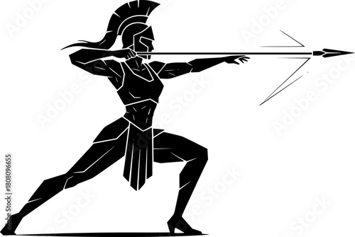 Strong female warrior launching a spear, rendered in black silhouette
