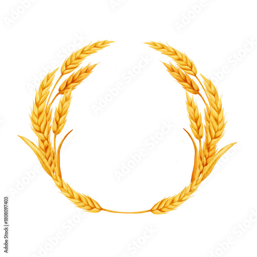 Watercolor frame made of golden wheat ears arranged in a circular shape on a white background. Suitable for packaging design, labels, harvest festival invitations, eco branding, and cards.