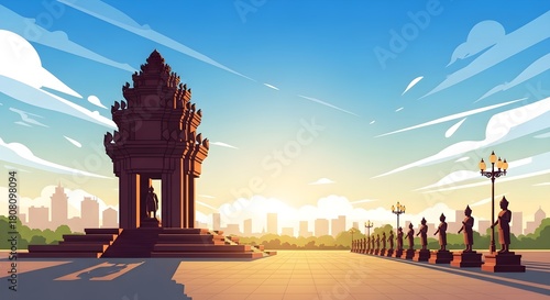 Illustration of Cambodian Independence Monument with statues and a city skyline.