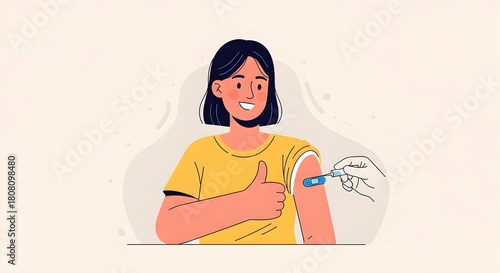 Woman receiving a vaccine injection in the arm, giving a thumbs up gesture.