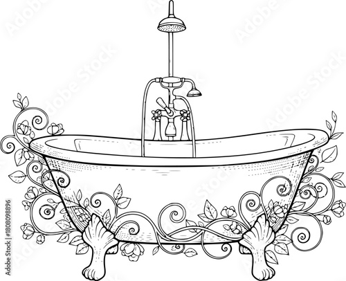Antique clawfoot bathtub and shower fixture with botanical elements
