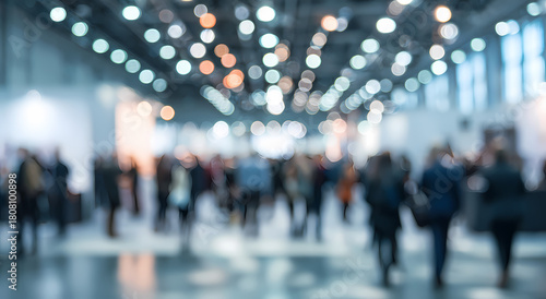 Art flou d’un salon professionnel animé avec foule en mouvement et éclairage chaleureux