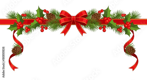 Festive Holiday Garland with Red Bow, Pine Cones, and Holly for Christmas Decorations