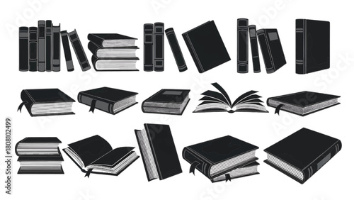 Vector illustration of variety of book silhouettes, including stacked, open, and standing books, isolated on transparent background 