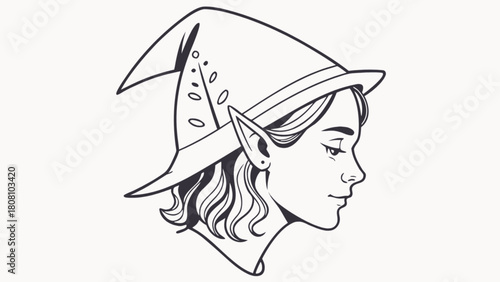 Illustration of a woman with pointy ears wearing a pointed hat in black and white outline style
