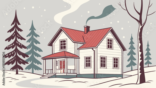 Illustration of a house with a red roof in a snowy landscape with trees and smoke coming from chimney