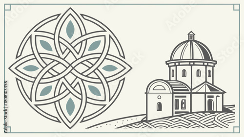 Illustration featuring a celtic knot design and a building with a dome on a framed background