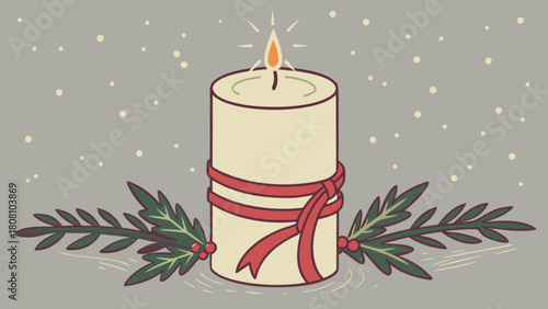 A festive candle with a red ribbon and holly leaves in a snowy background is displayed here now