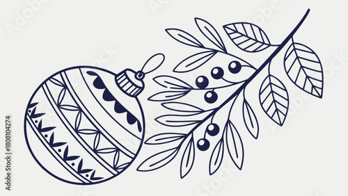 Ornament with geometric pattern hanging beside a branch with leaves and berries illustration art design