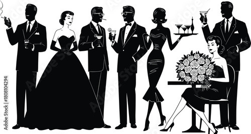 Elegant retro party vector silhouettes, featuring men in suits and women in gowns drinking cocktails and smoking, isolated on white background.