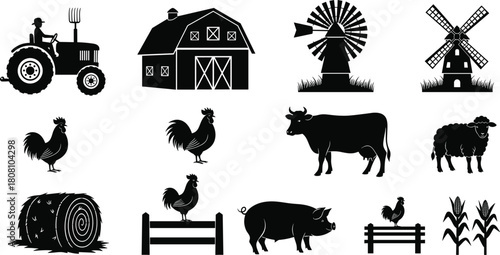 Collection of black farm vector silhouettes, featuring tractor, barn, windmill, livestock animals, and corn, isolated on white for rural agriculture design projects.