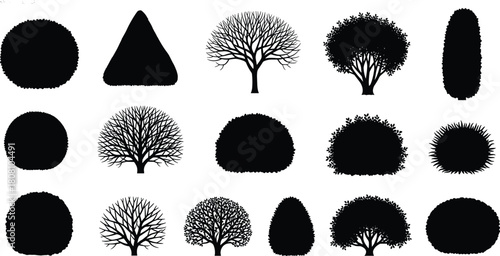 Set of black tree silhouettes, bushes, and shrubs icons, featuring leafless winter branches and leafy garden plants for landscape architecture vector design