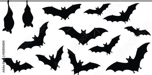 Silhouette bat collection featuring flying bats and hanging bats, perfect for Halloween decoration, spooky themed vector illustration, dark night wildlife design elements