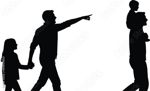 Family Father and Children Walking Vector Silhouette Set, Parent Pointing and Carrying Kid Icons, Black Flat Drawing of Love and Togetherness Graphics for Parenting Design