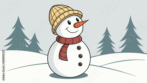 A cheerful snowman with a hat and scarf stands in a snowy landscape with pine trees in the background